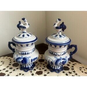 Vintage Russian Ghzel Blue White Porcelain Mugs